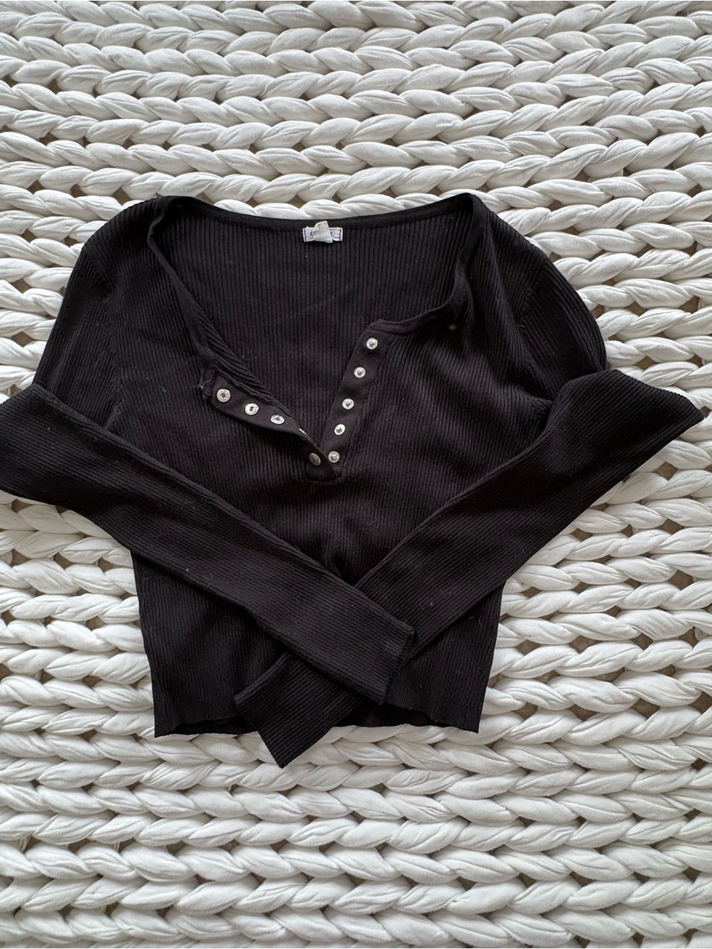 Garage Black Ribbed Snap Henley Top